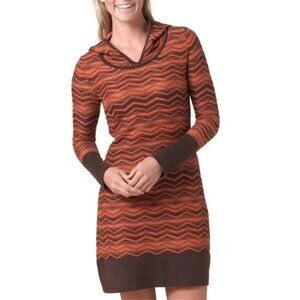 Prana Meryl hooded a chevron orange and brown long sleeve sweater dress small